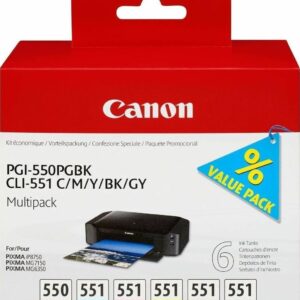 Canon PGI-550/CLI-551 Πακέτο 6 Μελανιών Εκτυπωτή InkJet Γκρι / Κίτρινο / Κυανό / Ματζέντα / Μαύρο (6496B005)